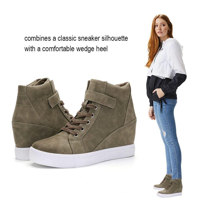 Athlefit Women's Lace Up Wedge Sneakers High Top Fashion Sneakers Ankle Booties Size 8 Brown - Image 2
